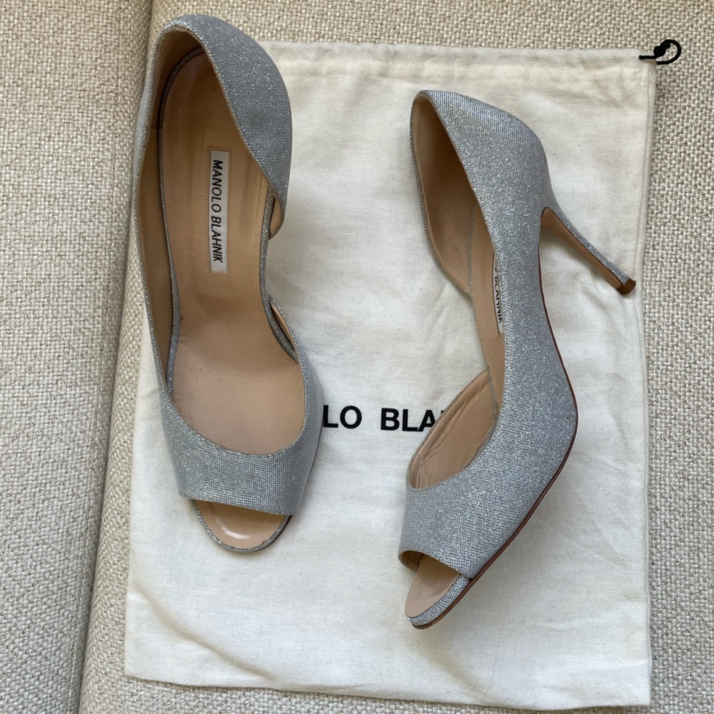 Manolo Blahnik Sexy D’Orsay Silver Sparkle Heels Dize 39.5